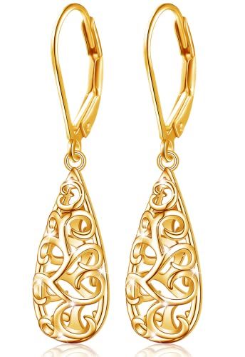Sterling Silver Leverback Dangle Earrings for Women Teardrop Filigree 14K Gold Plated Dangly Earrings Mother’s Day Gift