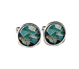 Faux Kintsugi Style Turquoise Gold - Handmade ROUND Glass Metal Cuff LInks Cufflinks Gift for Him Dad (Stainless Steel)