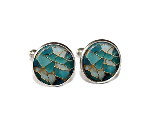 Faux Kintsugi Style Turquoise Gold - Handmade ROUND Glass Metal Cuff LInks Cufflinks Gift for Him Dad (Stainless Steel)