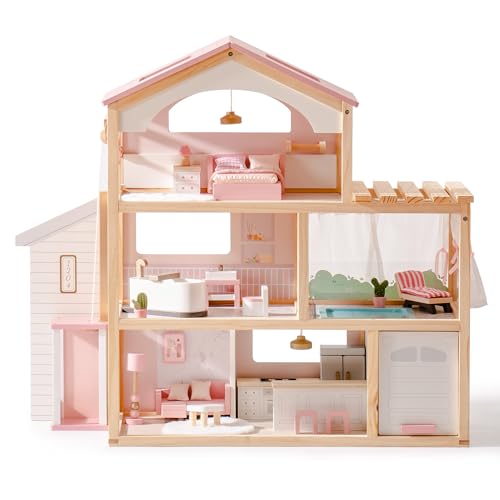 ROBOTIME Wooden Dollhouse 6 Room Pink Vacation Style Doll House with 29 Pieces Furniture Set Elevator Pool 4-6 Inch Dolls Ages 3+