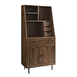 Walker Edison Secretary Hutch Wood Desk with Keyboard Drawer Bookshelf Storage Home Office Storage Cabinet, 64 Inch, Dark Walnut