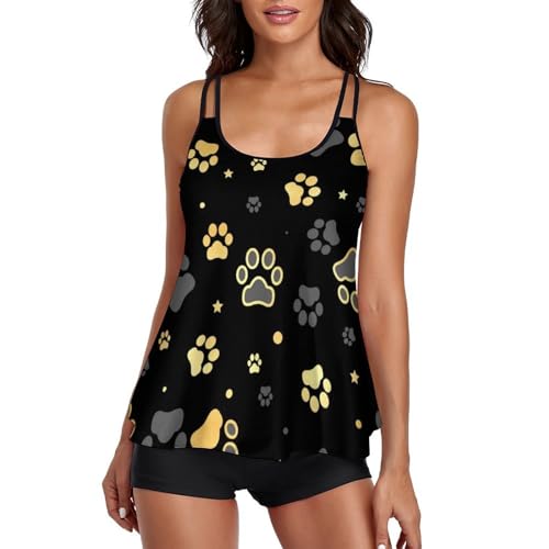 Ensemble bikini avec short de garçon imprimé patte de chien en or chic