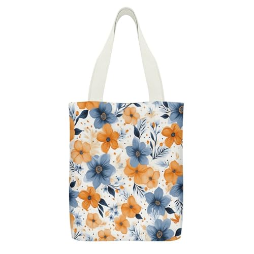 Image of JTREHY Blue And Orange Flowers on White Background Canvas Tote Cute Zipper Canvas Bags Exquisite Fashion Single Shoulder Cloth Totes Shopping Lightweight Handbag for Travel Work Gift