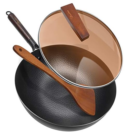 Carbon Steel Wok Pan with Lid & Wood Spatula, Aneder 12.5" Cast Iron Stir Fry Pan with Flat Bottom and Wooden Handle for Electric, Induction and Gas Stoves