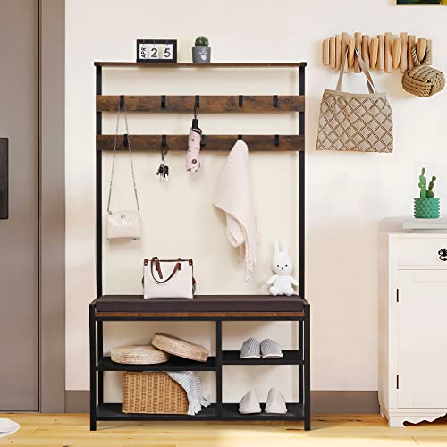 Usikey Tall Coat Rack, Hall Tree With Shoe Bench & Soft Cushion, 10 Hooks, Entryway Storage Bench With Coat Rack, 3-In-1 Design, Industrial Style, Metal Frame, Rustic Brown #TOP9