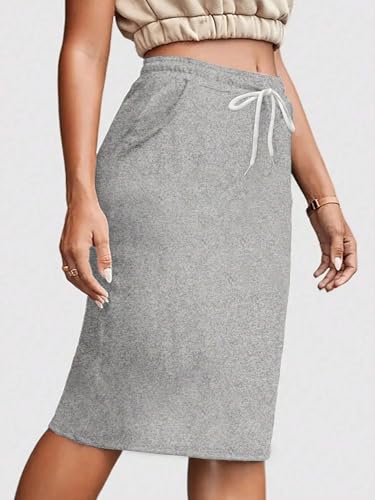EARKOHA 2025 Skirts for Women Women's Casual Solid Color Drawstring Waist Bodycon Skirt Light Grey XL4