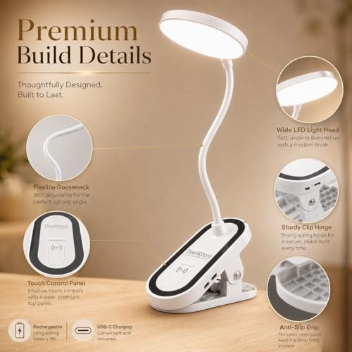 Image of One94Store FlexiClip Design Rechargeable LED Clip Lamp | Flexible Gooseneck Desk & Bedside Light | Adjustable Brightness | USB Powered Study & Reading Lamp (White)