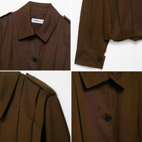 Xunger Women’s Vintage Pleated Jacket Lapel Collar Long Sleeve Button Down Solid Color Crop Trench Coat4