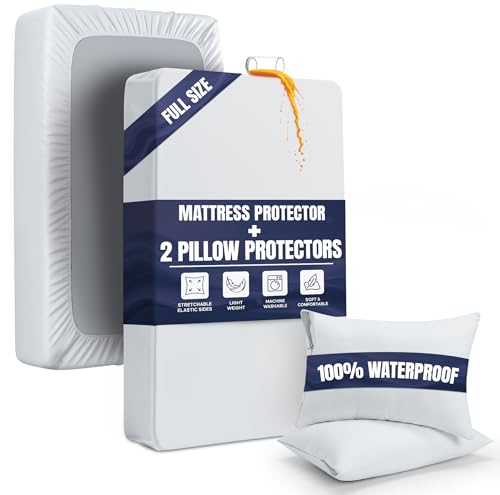 Waterproof Mattress Protector and Pillow Cases, Full Size, Includes +2 Zippered Pillow Protectors and 1 Mattress Cover Set, Fitted Sheet Style Deep Pockets with All Around Elastic