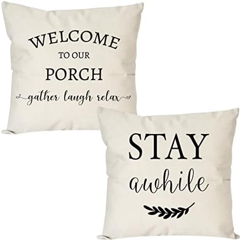 PANDICORN Welcome to Our Porch Stay Awhile Pillow Covers 18x18 Set of 2 for Outdoor Porch Decor, Farmhouse Black and Cream Throw Pillows Cases for Home, Guest Room Decorations