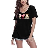 Camiseta de Cuello V para Mujer Paz Amor Bulldog Inglés Perro – Peace Love English Bulldog Dog – T-Shirt Vintage Manga Corta Regalo Original Cumpleaños Diseño Gráfico Moda Negro Profundo L