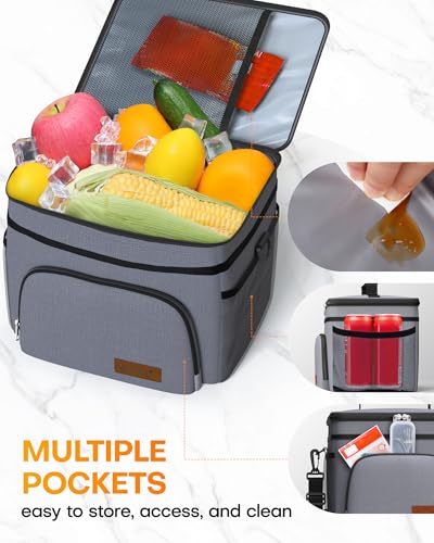 Image of HOTOR Insulated Lunch Box Men Women Leak-Proof Cooler Lunch Bag 9L | 4 Pockets, Adjustable Strap, Ideal for Work, Picnic, Travel, Camping, Gift, Light Grey