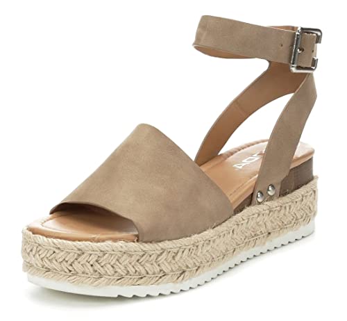Soda Casual Espadrilles Trim Rubber Sole Flatform Studded Wedge Buckle Ankle Strap Open Toe Sandal (8 M Us, Natural T) #TOP29