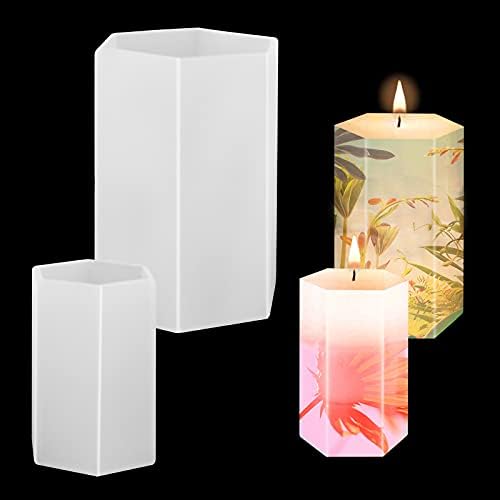 2 PCS Hexagon Pillar Candle Moulds for Candle Making, Large Candle Silicone Moulds for Resin Casting, Silicone Resin Mould for DIY 3D Candle Handmade Soap Polymer Clay Crafts (2 Sizes)