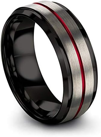 Chroma Color Collection Tungsten Carbide Wedding Band Ring 8mm for Men Women Red Center Line and Black Interior with Step Beveled Edge Brushed Polished Comfort Fit Anniversary Size 15