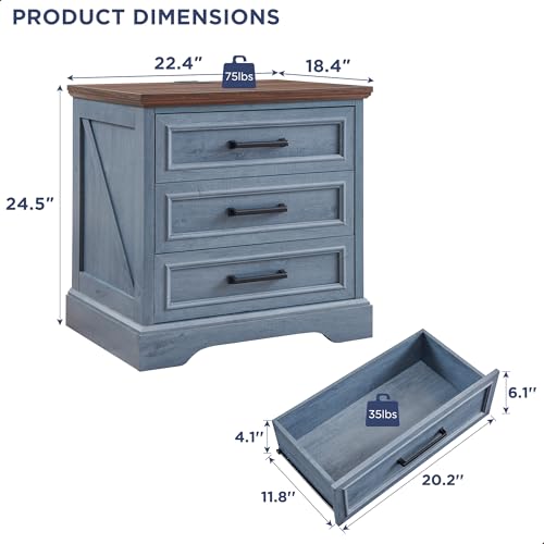 Image of ACCOHOHO Farmhouse Nightstand with Charging Station, 22 Inch Wide End Table with 3 Large Drawers & Bar Handles, Rustic Wood Small Dresser Chest of Drawers for Bedroom, Living Room, Closet, Blue