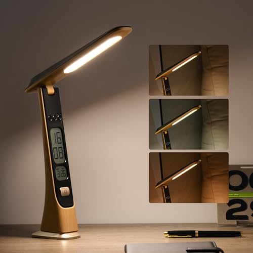 Lampe de bureau LED rechargeable, Lampe de Chevet Tactile à intensité variable avec batterie horloge affichage numérique heure activées par le toucher...