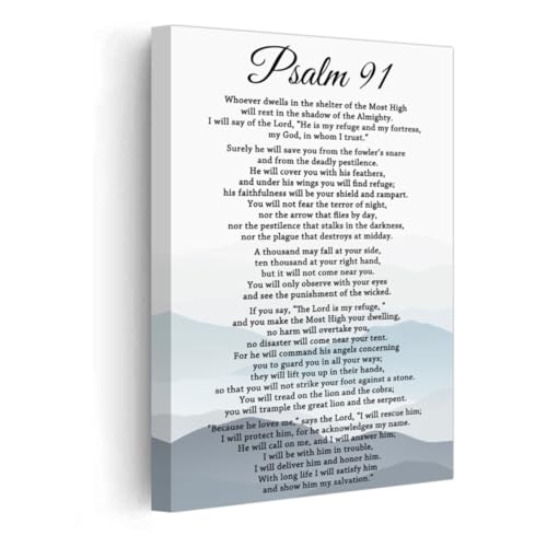 PBXBJY Psalm 91 Canvas Wall Art Christian Bible Verses Picture Prints Scripture Poster Framed Christ Religious Wall Decor for Church Prayer Living Room (Blue, (12.00" x 18.00"))