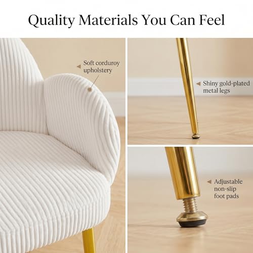 Image of Eifizek Home Office Chair Set of 4, Modern Corduroy Upholstered Vanity Desk Chair with Gold Legs for Girls Women, Ergonomic Padded Backrest for Living Room, Beige