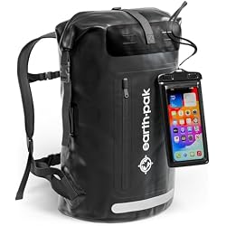 Earth Pak Waterproof Backpack - Heavy Duty Hiking Backpack - Roll-Top Closure Bag - Cushioned Dry Bag Waterproof Phone Case