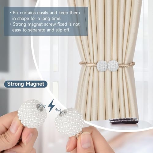 Image of INOVERA (LABEL) 8 Pieces Magnetic Curtain Tiebacks - Decorative Windows Curtain Tie Rope - Drapery Holdbacks for Home, Office (Beige)