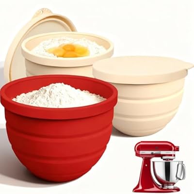Silicone Bowl Insert for Kitchen Aid 5 Qt Tilt-Head - Patented Design Bowl Liner, 3pack with Lids, Resistant to collapse Thicker Bowl Insert, Foldable, Heat/Cold Resistant (Red*Beige*Beige)