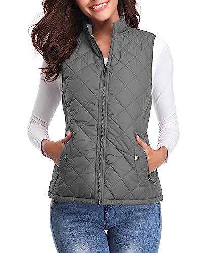 Fuinloth Women's Quilted Vest, Stand Collar Lightweight Zip Padded Gilet Dark Gray XS