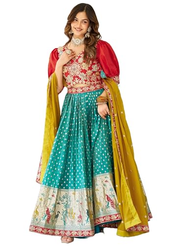 Lehenga 14638 en soie brodée indienne avec fil de séquence traditionnel