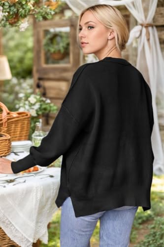 Image of oversized batwing sweaters for women crewneck side slit ribbed knit pullover trendy tops