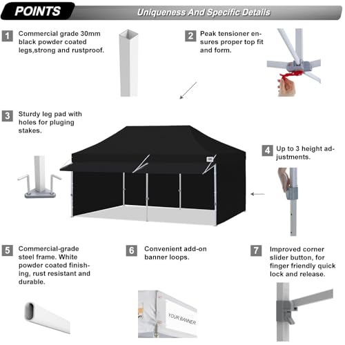 Image of ABCCANOPY 10x20 Commercial Pop up Canopy Tent with Awning Sidewall,Black