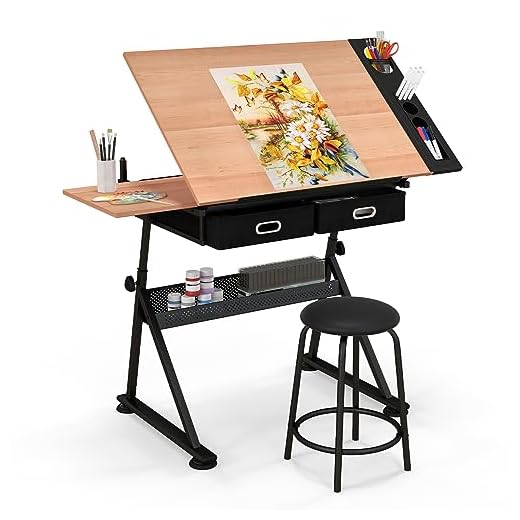 COSTWAY Mesa de Dibujo para Arte, Diseño Ángulo y Altura Ajustable, Escritorio para Oficina con Cajón Silla (Natural)