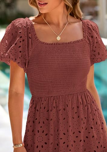 Image of PRETTYGARDEN Summer Dresses for Women 2026 Eyelet Square Neck Puff Sleeve Smocked Wedding Guest Maxi Dress with Pockets
