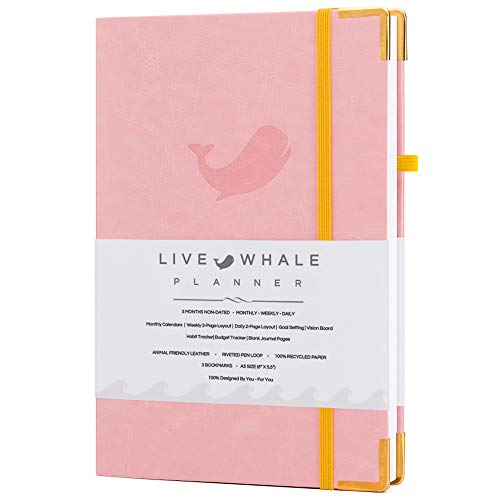 Live Whale Daily Planner Undated A5, 3 Month Daily Organizer Planner / Monthly Gratitude Journal For Habit Tracking, Wellness, Gratitude Journaling. Faux Leather Pink Goal Planner #TOP4
