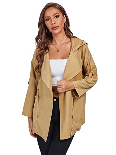 Umenlele Women’s Lapel Long Sleeve Drawstring Hooded Jackets Open Front Tie Waist Trench Coats With Pockets Khaki Small #TOP4