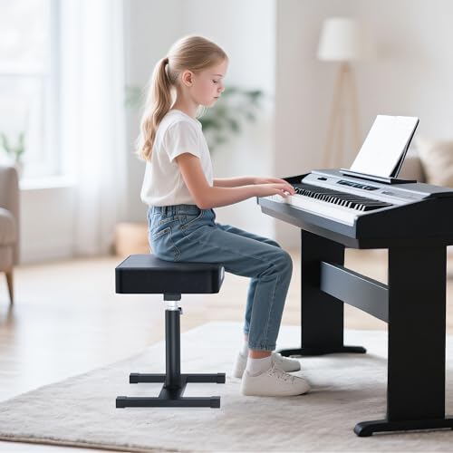 TIZECO Hydraulic Piano Bench Adjustable Stool, Heavy Duty Music Keyboard Bench Seat for Piano Keyboard Stand with Black Padded Cushion for Musicians Piano Stool Chair Automatic Height Adjustment