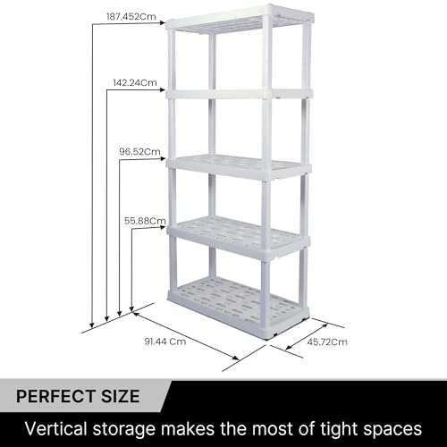 Oskar 5-Tier Storage Shelf, Heavy Duty Storage Shelf, 750 lbs(18 x 36 x 73.8 inches),Multipurpose Organizer for Garage, Basement, Laundry Room, Utility Shed, Workshop, Made in North America, White by Koolatron - Used condition - Image 4