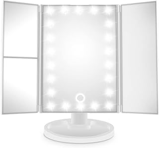 اوكوسوي مراة فانيتي مضيئة ثلاثية الطي مع 22 مصباح LED، شاشة تعمل باللمس ومراة مكياج تكبير 1x/2x/3x، مراة سفر محمولة قابلة لاعادة الشحن بـ 3 الوان