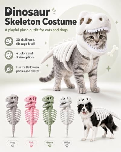 Pet Cat Dog Dinosaur Skeleton Costume, 3D Plush Halloween Dino Hood Outfit - 1