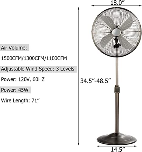 Goflame 18" Pedestal Fan, Height Adjustable Oscillating Standing Fan With 3 Speed Settings, Powerful And Quiet, Wide Spread Metal Fan For Home & Office, Silver #TOP6
