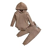 Thorn Tree Newborn Unisex Baby Clothes Set Hooded Long Sleeve Bodysuit Stretchy Pants Girl Boy Cotton Ribbed Outfits Fall Winter (Coffee Hooded Suit,3-6 Months)