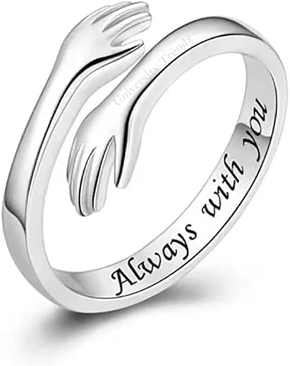 University Trendz Stainless Steel Silver Plated Open Hands Hug Ring - Adjustable Band Jewelry Gift for Women & Girls