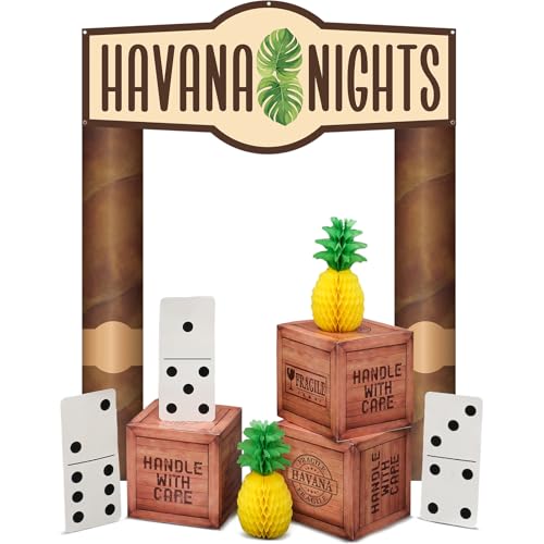 Ceenna 11 Pcs Havana Nights Party Decorations Cuban Theme Party Supplies Banner Welcome Porch Sign Paper Boxes Domino Pineapples Havana Decorations for Summer Camp Birthday Activity Decor