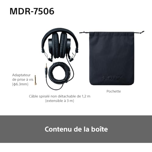 Sony MDR-7506, casque d'écoute studio fermé - filaire, gamme de fréquences 10Hz à 20kHz, idéal pour l'enregistrement et le mixage en studio, 63 Ohm, design léger et pliable (227g), noir – vue 8