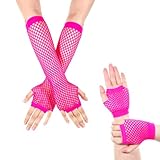 Skrfren 2 Pairs Fishnet Gloves Fingerless for Women, Women's Mesh Emo Fingerless Arm Fishnet Gloves for 80s Costume Theme Party, Fish Net Arm Sleeve Mesh, Hot Pink, Long&Short