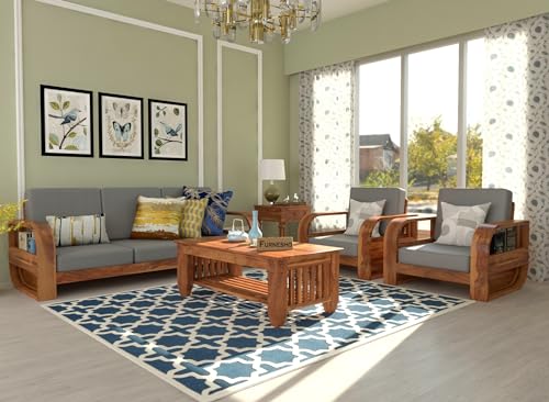 Image of Wooden 5 Seater Sofa Set for Living Room, Five Seater Sofa for Office & Lounge, 3+1+1 Seater Sofa Sets for Home, Sheesham Wood (3+1+1 Seater,Honey Finish)