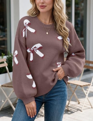 Image of Libsorge Womens Oversized Cute Bows Crewneck Pullover Sweater