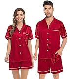 SWOMOG Men Matching Pajamas Set Silk Satin Sleepwear Short Sleeve Button Down Pj Set 2 Pcs Loungewear Red Large