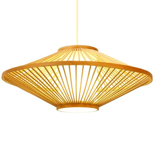 Lámpara colgante de bamboo de 15,7 pulgadas con pantalla de mimbre beige y base E27 para pasillo