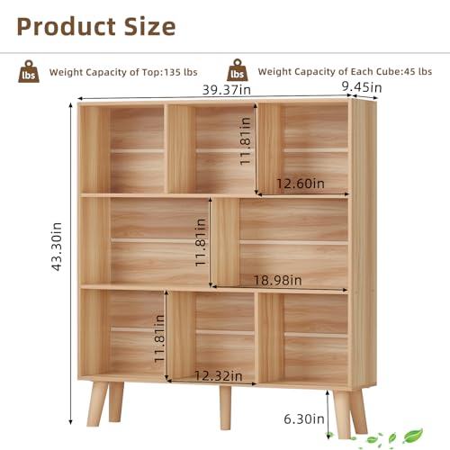 LEYAOYAO Wooden 8 Cube Book Shelf, Natural 3 Tier Bookshelf with Legs, Modern Open Storage Organizer,Boho Bookcase,Display Cabinet Shelf Free Standing Bookshelves for Bedroom,Living Room,Office