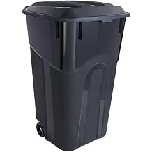 32 Gallon Wheeled Garbage Can, with Hinged Click Lock Lid, Rugged Wheels and Bottom Hand Groove, Easy Grip Pass Through Handle Waste Container for Patio Deck Garage Yard